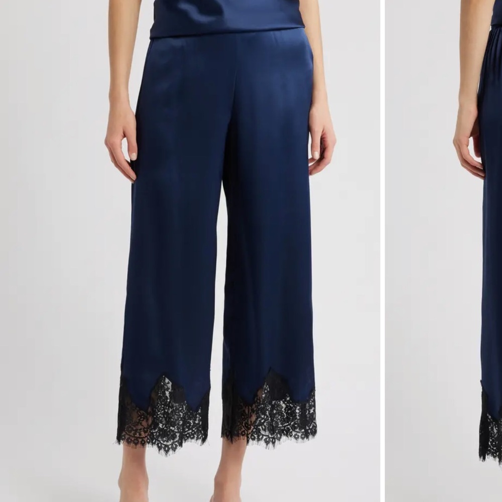 Reformation Navy Satin Wide-Leg Crop Pants with Black Lace Hem